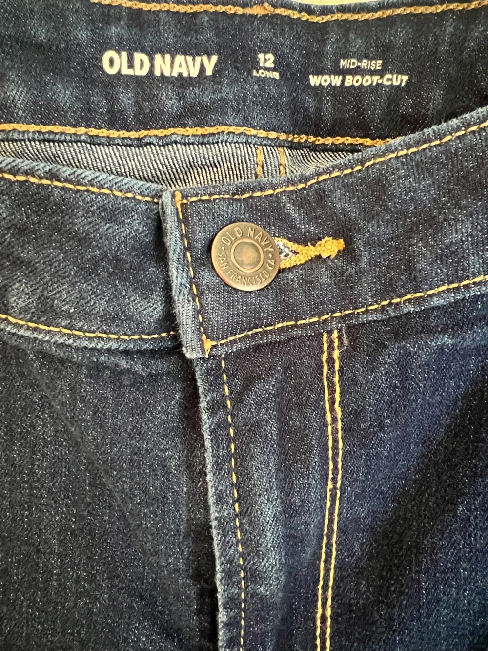 Old Navy Wow Boot Cut Dark Indigo Jeans with Yellow Stitching-12 Long